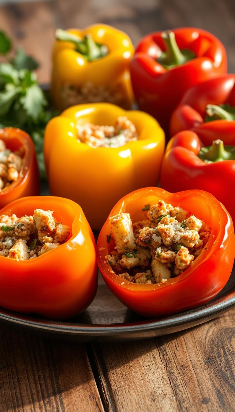 A bountiful arrangement of freshly stuffed bell peppers, their vibrant colors shining under warm, natural lighting. The peppers, halved and filled with a savory mixture of crumbled tofu, aromatic herbs, and grated cheese, sit atop a rustic wooden table. Hints of steam rise from the dish, hinting at the delicious flavors within. The scene is framed by a softly blurred background, drawing the viewer's focus to the carefully crafted stuffed peppers, the centerpiece of this comforting, homemade dish.