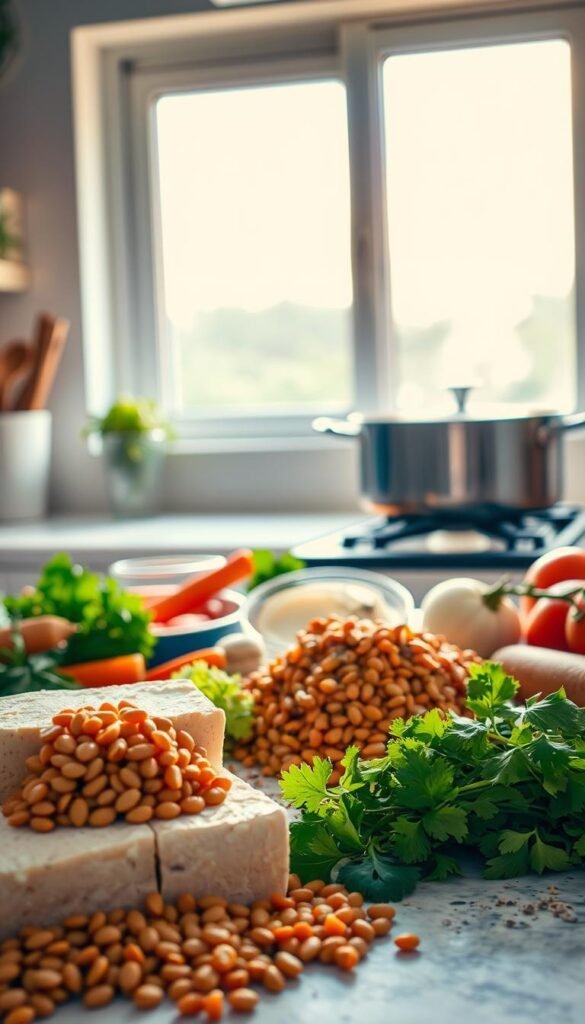 A bright, well-lit kitchen counter with a variety of ingredients laid out. In the foreground, a block of tofu and a pile of lentils, surrounded by fresh herbs, spices, and vegetables like carrots, onions, and tomatoes. In the middle ground, a large pot simmering on the stove, steam rising, hinting at the nourishing stew within. The background features a window overlooking a serene, natural landscape, bathing the scene in warm, golden light. The overall atmosphere is one of wholesome, plant-based goodness, inviting the viewer to consider the dietary benefits and adaptability of this hearty dish.