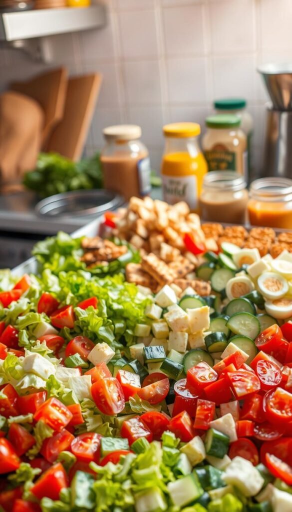A bustling kitchen counter showcases an array of fresh ingredients, inviting the viewer to customize their salad. In the foreground, a variety of chopped vegetables, including crisp romaine lettuce, vibrant cherry tomatoes, and crunchy cucumber slices, await arrangement. In the middle ground, a selection of protein-rich options, such as grilled tofu cubes and hard-boiled egg halves, provide additional flavors and textures. In the background, jars of colorful dressings and toppings, like creamy peanut sauce and toasted sesame seeds, sit ready to be drizzled and sprinkled, allowing the viewer to personalize their salad creation. Warm, natural lighting illuminates the scene, evoking a sense of culinary creativity and healthy indulgence. A bustling kitchen counter showcases an array of fresh ingredients, inviting the viewer to customize their salad. In the foreground, a variety of chopped vegetables, including crisp romaine lettuce, vibrant cherry tomatoes, and crunchy cucumber slices, await arrangement. In the middle ground, a selection of protein-rich options, such as grilled tofu cubes and hard-boiled egg halves, provide additional flavors and textures. In the background, jars of colorful dressings and toppings, like creamy peanut sauce and toasted sesame seeds, sit ready to be drizzled and sprinkled, allowing the viewer to personalize their salad creation. Warm, natural lighting illuminates the scene, evoking a sense of culinary creativity and healthy indulgence.