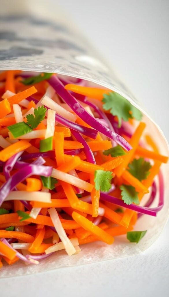 A close-up view of a freshly prepared spring roll filling, featuring a vibrant blend of finely chopped vegetables, including crunchy cabbage, julienned carrots, and fragrant cilantro. The filling is presented against a light background, showcasing its natural colors and textures. Warm, diffused lighting illuminates the ingredients, creating a welcoming and appetizing atmosphere. The composition emphasizes the harmony of the individual components, hinting at the balanced flavors and satisfying mouthfeel of the perfect spring roll filling.