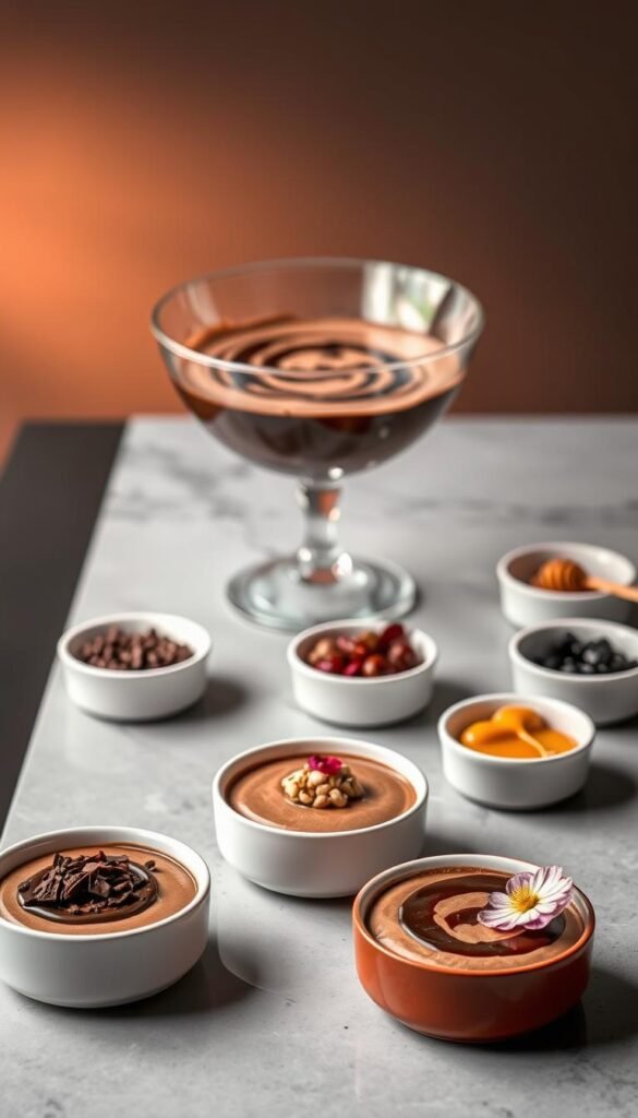 A decadent display of tofu chocolate mousse variations, artfully arranged on a sleek, modern table. In the foreground, a trio of individual mousse servings in porcelain dishes, each with a unique topping or garnish - shaved dark chocolate, a sprinkling of crushed hazelnuts, and a delicate edible flower. Behind them, a larger centerpiece mousse, presented in a clear glass bowl, its silky smooth texture accented by a swirl of rich chocolate sauce. The middle ground features an assortment of topping ingredients, neatly organized in small ramekins - cacao nibs, dried cherries, and a drizzle of golden honey. The background is softly lit, creating a warm, inviting atmosphere, highlighting the deep brown hues of the chocolate and the light tan of the tofu. The overall composition exudes an air of sophistication and artistry, perfectly capturing the essence of "Creative Variations of Tofu Chocolate Mousse".