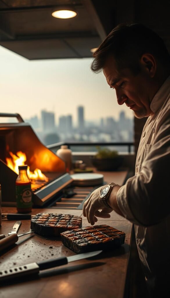 A dimly lit outdoor kitchen, the grill's flames casting a warm glow. In the foreground, a frustrated chef examines a charred tofu steak, brow furrowed. On the counter, a bottle of chimichurri sauce and various grilling tools lie scattered, hinting at the challenges of the task. In the background, a hazy cityscape adds to the moody atmosphere. Dramatic shadows and highlights accentuate the tension, as the chef contemplates their next move in this high-stakes grilling session. A dimly lit outdoor kitchen, the grill's flames casting a warm glow. In the foreground, a frustrated chef examines a charred tofu steak, brow furrowed. On the counter, a bottle of chimichurri sauce and various grilling tools lie scattered, hinting at the challenges of the task. In the background, a hazy cityscape adds to the moody atmosphere. Dramatic shadows and highlights accentuate the tension, as the chef contemplates their next move in this high-stakes grilling session.