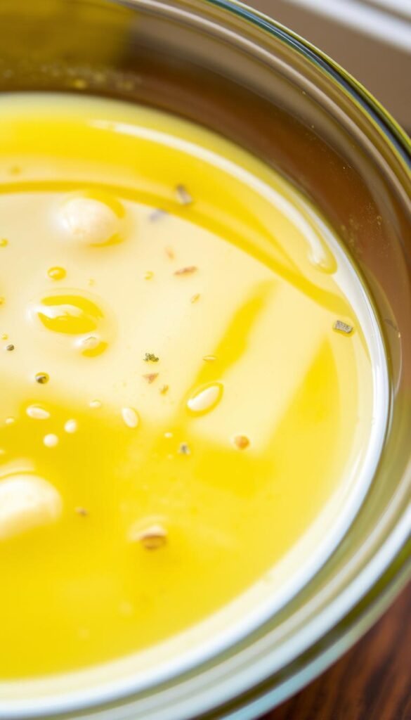 A glass bowl filled with a vibrant lemon-yellow marinade, the surface glistening with hints of garlic and aromatic herbs. The marinade appears silky and viscous, with a slight shimmer as if catching the soft, natural light filtering in from the side. The background is blurred, allowing the marinade to be the focal point, inviting the viewer to imagine the flavors and textures of this essential component for a delicious lemon garlic tofu dish. A glass bowl filled with a vibrant lemon-yellow marinade, the surface glistening with hints of garlic and aromatic herbs. The marinade appears silky and viscous, with a slight shimmer as if catching the soft, natural light filtering in from the side. The background is blurred, allowing the marinade to be the focal point, inviting the viewer to imagine the flavors and textures of this essential component for a delicious lemon garlic tofu dish.