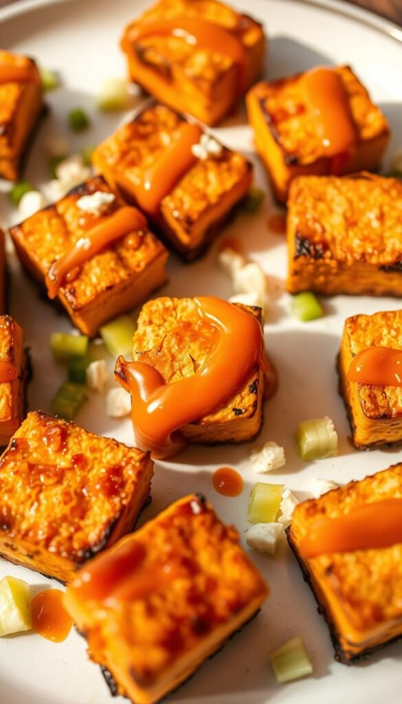 A neatly arranged platter of golden-brown buffalo tofu bites, with crumbled celery and a drizzle of vibrant orange sauce. The bites are slightly charred at the edges, hinting at a crispy texture. The lighting is soft and warm, casting gentle shadows that accentuate the three-dimensional nature of the dish. The camera angle is slightly elevated, providing a visually appealing and appetizing perspective. The overall mood is one of careful attention to detail, highlighting the troubleshooting process required to achieve the perfect buffalo tofu bites. A neatly arranged platter of golden-brown buffalo tofu bites, with crumbled celery and a drizzle of vibrant orange sauce. The bites are slightly charred at the edges, hinting at a crispy texture. The lighting is soft and warm, casting gentle shadows that accentuate the three-dimensional nature of the dish. The camera angle is slightly elevated, providing a visually appealing and appetizing perspective. The overall mood is one of careful attention to detail, highlighting the troubleshooting process required to achieve the perfect buffalo tofu bites.