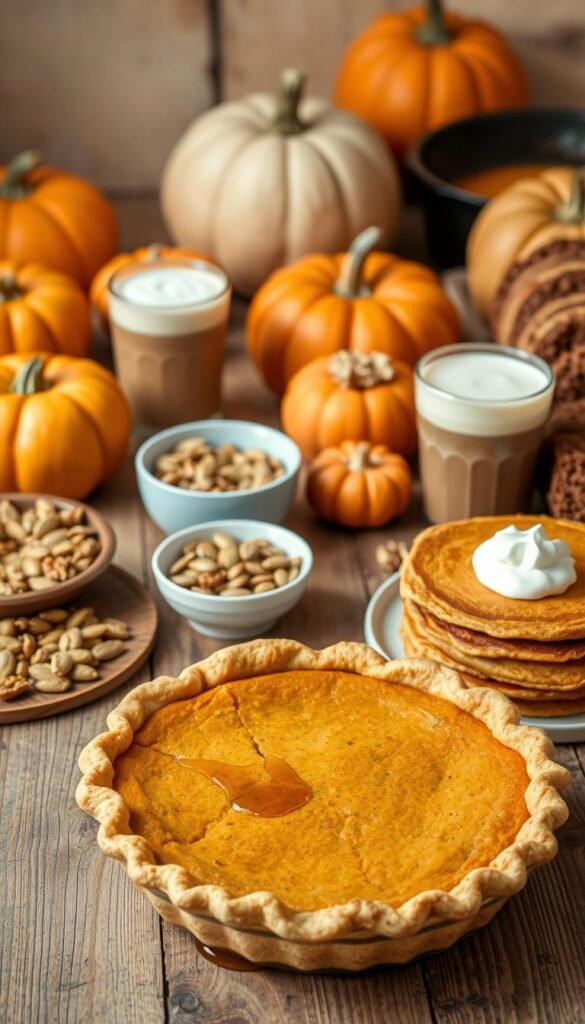 A still life of various pumpkin-based recipes arranged on a rustic wooden table. In the foreground, a homemade pumpkin pie with a flaky crust and a dollop of whipped cream. Beside it, a stack of pumpkin pancakes drizzled with maple syrup. In the middle ground, a bowl of roasted pumpkin seeds, a pumpkin spice latte, and a pumpkin bread loaf with walnuts. In the background, a pumpkin soup simmering in a cast-iron pot, and a few whole pumpkins of different sizes and colors. The lighting is warm and cozy, with soft shadows and highlights, creating an inviting and appetizing atmosphere.