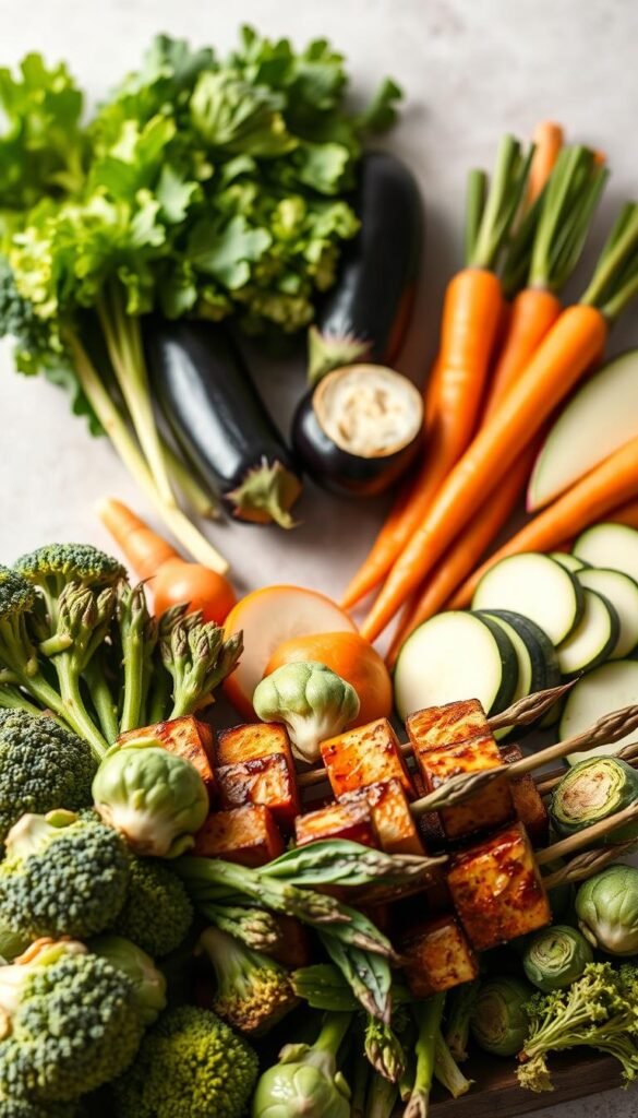 A vibrant still life composition showcasing a selection of fresh vegetables artfully arranged against a neutral backdrop. In the foreground, an assortment of crisp greens, such as broccoli florets, asparagus spears, and Brussels sprouts, are positioned in a visually appealing manner. In the middle ground, vibrant orange carrots, deep purple eggplant slices, and tender zucchini wedges create a harmonious color palette. The background features a soft, muted gradient, allowing the vegetables to take center stage. The lighting is natural and diffused, casting gentle shadows and highlighting the textures and details of the produce. The overall mood is one of freshness, balance, and culinary inspiration, perfectly complementing the "Baked Teriyaki Tofu Skewers" theme. A vibrant still life composition showcasing a selection of fresh vegetables artfully arranged against a neutral backdrop. In the foreground, an assortment of crisp greens, such as broccoli florets, asparagus spears, and Brussels sprouts, are positioned in a visually appealing manner. In the middle ground, vibrant orange carrots, deep purple eggplant slices, and tender zucchini wedges create a harmonious color palette. The background features a soft, muted gradient, allowing the vegetables to take center stage. The lighting is natural and diffused, casting gentle shadows and highlighting the textures and details of the produce. The overall mood is one of freshness, balance, and culinary inspiration, perfectly complementing the "Baked Teriyaki Tofu Skewers" theme.