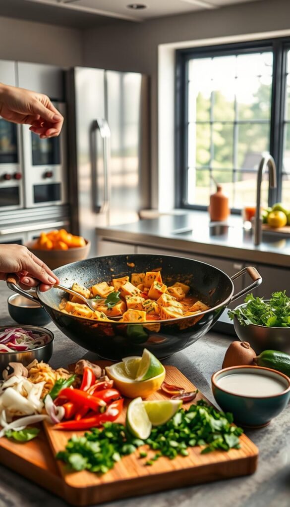 A vibrant, well-lit scene of a cooking process for a coconut curry tofu bowl. In the foreground, a chef's hand deftly stirs a large wok filled with a fragrant, golden-hued coconut curry sauce, simmering with tender cubes of tofu. Surrounding the wok are various colorful ingredients - sliced onions, bell peppers, mushrooms, and aromatic spices. In the middle ground, a wooden cutting board displays finely chopped cilantro, lime wedges, and a small bowl of creamy coconut milk. The background features a modern, minimalist kitchen setting with sleek stainless steel appliances and a large window allowing natural light to flood the space, creating a warm, inviting atmosphere. The overall scene evokes the comforting, aromatic experience of preparing a nourishing, flavorful coconut curry tofu bowl.