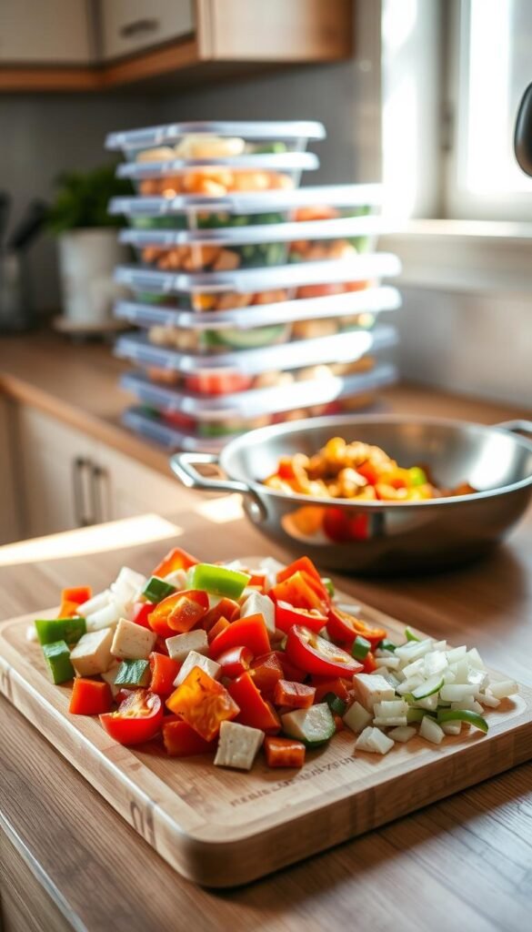 A well-lit kitchen counter with a neatly arranged meal prep setup. In the foreground, a cutting board holds freshly chopped peppers, onions, and tofu cubes, their vibrant colors contrasting against the wooden surface. Behind them, a pan sizzles with sautéed vegetables, emitting delectable aromas. In the background, a stack of reusable meal prep containers awaits the fajita mixture, ready to be portioned and stored for the week ahead. Soft, natural lighting filters in, creating a warm, inviting atmosphere. The scene evokes a sense of organization, efficiency, and a commitment to healthy, homemade meals. A well-lit kitchen counter with a neatly arranged meal prep setup. In the foreground, a cutting board holds freshly chopped peppers, onions, and tofu cubes, their vibrant colors contrasting against the wooden surface. Behind them, a pan sizzles with sautéed vegetables, emitting delectable aromas. In the background, a stack of reusable meal prep containers awaits the fajita mixture, ready to be portioned and stored for the week ahead. Soft, natural lighting filters in, creating a warm, inviting atmosphere. The scene evokes a sense of organization, efficiency, and a commitment to healthy, homemade meals.