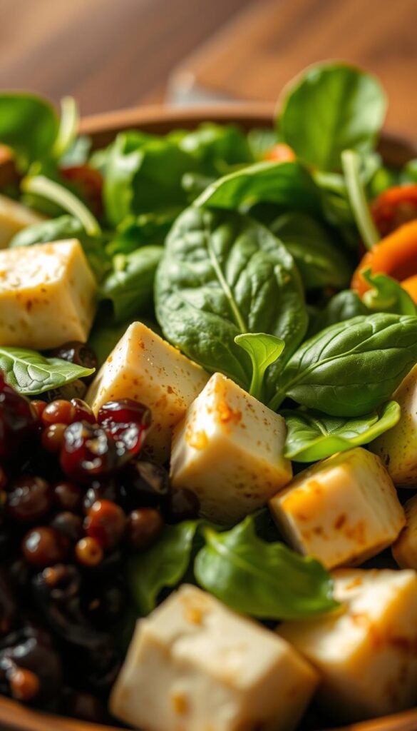 Vibrant nutritious arrangement of fresh green spinach leaves, vibrant cubes of firm tofu, and other wholesome ingredients. Warm golden lighting from above casts a soft, inviting glow. Detailed textures and natural colors, captured with a high-resolution lens in a slightly elevated, angled perspective to showcase the delectable components. Calm, appetizing atmosphere that highlights the bountiful health benefits of these superfoods.