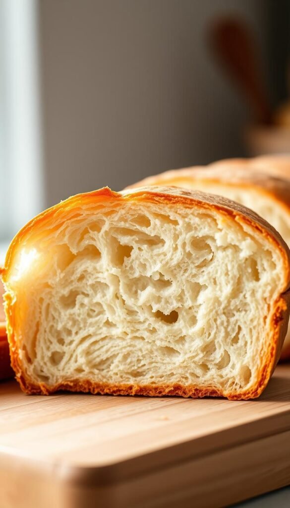 a close-up photograph of a slice of fresh, homemade sandwich bread, shot in natural daylight with a high-quality DSLR camera. The bread has a golden-brown crust, with a soft, airy interior and a slightly chewy texture. The image should capture the detailed texture and crumb structure of the bread, showcasing its quality and freshness. The lighting should be soft and diffused, creating a warm, inviting atmosphere that complements the organic nature of the subject. The composition should place the bread slice in the center of the frame, filling the majority of the image and drawing the viewer's attention to its unique qualities.