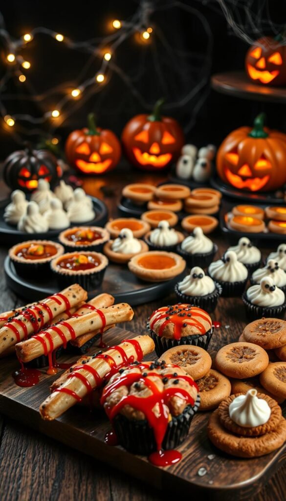 A spooky Halloween treats presentation with a mix of sweet and savory items arranged on a rustic wooden table. In the foreground, a selection of homemade zombie finger breadsticks, some drizzled with a bloody red sauce, alongside gooey, oozing brain cupcakes topped with black and orange sprinkles. In the middle ground, a variety of miniature pumpkin pies, ghostly meringue cookies, and bite-sized caramel apple slices. The background features a moody, dimly lit setting with twinkling string lights, cobwebs, and a few carved jack-o'-lanterns casting an eerie glow. The overall scene has a haunting, festive atmosphere, perfect for a Halloween-themed article.