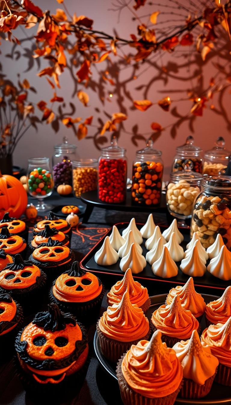 A spooky, festive scene of assorted Halloween treats and decorations, bathed in a soft, warm glow. In the foreground, an array of eerie, jack-o'-lantern cupcakes with intricate carved faces, their orange hues contrasting against a backdrop of black and purple frosting. Beside them, a tray of ghostly meringue cookies, their wispy forms dusted with edible glitter. In the middle ground, a collection of candy-filled glass jars, their contents casting long shadows across a table dressed in a black and orange tablecloth. In the background, a garland of dried leaves and gnarled branches frames the scene, creating a moody, autumnal atmosphere. The lighting is soft and inviting, casting a warm, amber glow that enhances the spooky yet festive mood.