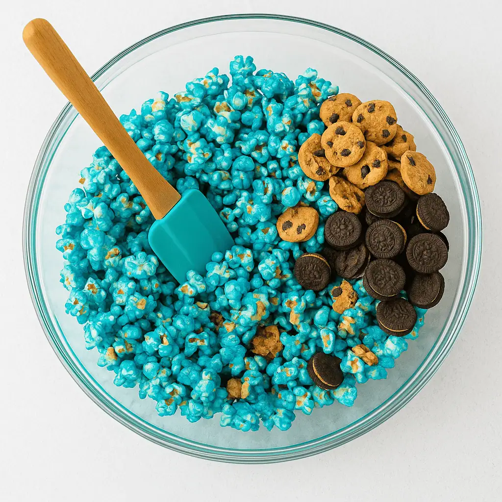Coat the PopcornPour your popped popcorn into a big bowl. Drizzle the blue syrup over the popcorn, and stir gently until all kernels are coated in that beautiful monster hue.