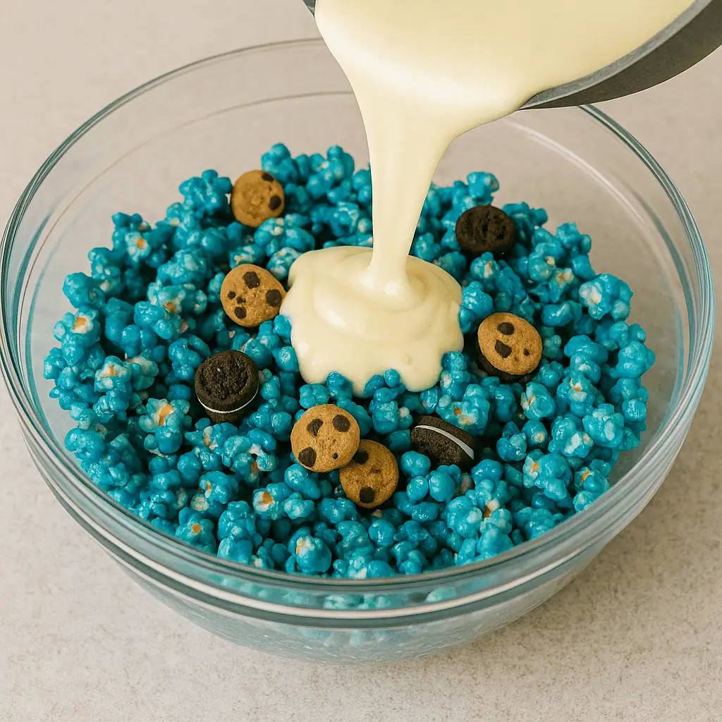 Pour the marshmallow mixture over your popcorn-cookie mix. Use your spatula to coat everything well.