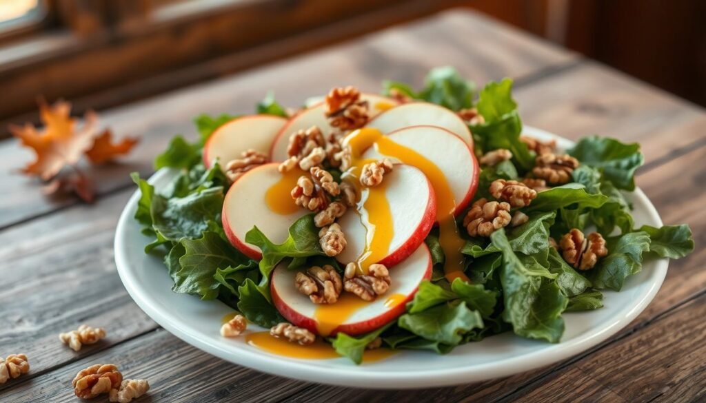 A beautifully arranged fall salad, featuring crisp green leaves, sliced apples, toasted walnuts, and a drizzle of golden maple dressing. The salad is presented on a rustic wooden table, with warm autumn light filtering in through a nearby window, casting a cozy glow over the scene. The composition is balanced and visually appealing, showcasing the vibrant colors and textures of the ingredients. The lighting is soft and natural, highlighting the sheen of the maple dressing and the gentle crunch of the walnuts. The overall mood is one of wholesome, seasonal delight, inviting the viewer to experience the perfect pairing of flavors and textures. A beautifully arranged fall salad, featuring crisp green leaves, sliced apples, toasted walnuts, and a drizzle of golden maple dressing. The salad is presented on a rustic wooden table, with warm autumn light filtering in through a nearby window, casting a cozy glow over the scene. The composition is balanced and visually appealing, showcasing the vibrant colors and textures of the ingredients. The lighting is soft and natural, highlighting the sheen of the maple dressing and the gentle crunch of the walnuts. The overall mood is one of wholesome, seasonal delight, inviting the viewer to experience the perfect pairing of flavors and textures.