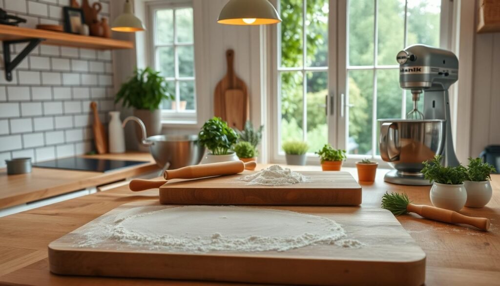 A cozy, well-lit kitchen workspace with a wooden countertop and ample prep space. In the foreground, a large wooden board sits ready for kneading and shaping bread dough. Atop the board, a dusting of flour and a few essential tools like a rolling pin and dough scraper. Nearby, a set of stainless steel mixing bowls, a stand mixer with a dough hook attachment, and a selection of fresh herbs in ceramic pots. The background features a subway tile backsplash, warm pendant lighting, and a large window overlooking a lush garden, filling the space with natural light. The overall atmosphere is one of organized efficiency and culinary inspiration, perfectly suited for the artful preparation of homemade herbed whole wheat rolls. A cozy, well-lit kitchen workspace with a wooden countertop and ample prep space. In the foreground, a large wooden board sits ready for kneading and shaping bread dough. Atop the board, a dusting of flour and a few essential tools like a rolling pin and dough scraper. Nearby, a set of stainless steel mixing bowls, a stand mixer with a dough hook attachment, and a selection of fresh herbs in ceramic pots. The background features a subway tile backsplash, warm pendant lighting, and a large window overlooking a lush garden, filling the space with natural light. The overall atmosphere is one of organized efficiency and culinary inspiration, perfectly suited for the artful preparation of homemade herbed whole wheat rolls.