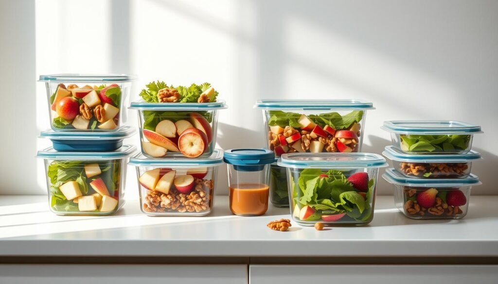 A neatly arranged display of various storage containers filled with fresh, vibrant salad ingredients - crisp apples, crunchy walnuts, and a luscious maple dressing. The containers are positioned on a clean, minimalist countertop, illuminated by soft, natural lighting that casts gentle shadows. The overall composition conveys a sense of organization, efficiency, and the ease of meal prepping healthy, delicious salads. The containers are presented in a way that showcases their functionality and visual appeal, making them an enticing and practical solution for storing and transporting make-ahead salads. A neatly arranged display of various storage containers filled with fresh, vibrant salad ingredients - crisp apples, crunchy walnuts, and a luscious maple dressing. The containers are positioned on a clean, minimalist countertop, illuminated by soft, natural lighting that casts gentle shadows. The overall composition conveys a sense of organization, efficiency, and the ease of meal prepping healthy, delicious salads. The containers are presented in a way that showcases their functionality and visual appeal, making them an enticing and practical solution for storing and transporting make-ahead salads.