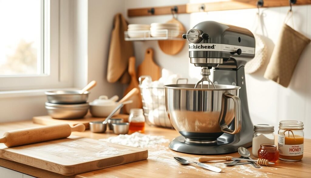 A neatly organized kitchen counter, bathed in soft, natural light from a large window. In the foreground, an assortment of essential baking tools: a wooden rolling pin, a flour-dusted pastry board, a set of metal measuring cups and spoons. In the middle ground, a gleaming stand mixer with its metal bowl and dough hook attachment, surrounded by a scattering of ingredients - whole wheat flour, yeast packets, a jar of honey. In the background, a selection of baking dishes, a bread proofing basket, and a heavy-duty oven mitt hang from hooks on the wall, hinting at the imminent creation of fresh, homemade bread. A neatly organized kitchen counter, bathed in soft, natural light from a large window. In the foreground, an assortment of essential baking tools: a wooden rolling pin, a flour-dusted pastry board, a set of metal measuring cups and spoons. In the middle ground, a gleaming stand mixer with its metal bowl and dough hook attachment, surrounded by a scattering of ingredients - whole wheat flour, yeast packets, a jar of honey. In the background, a selection of baking dishes, a bread proofing basket, and a heavy-duty oven mitt hang from hooks on the wall, hinting at the imminent creation of fresh, homemade bread.