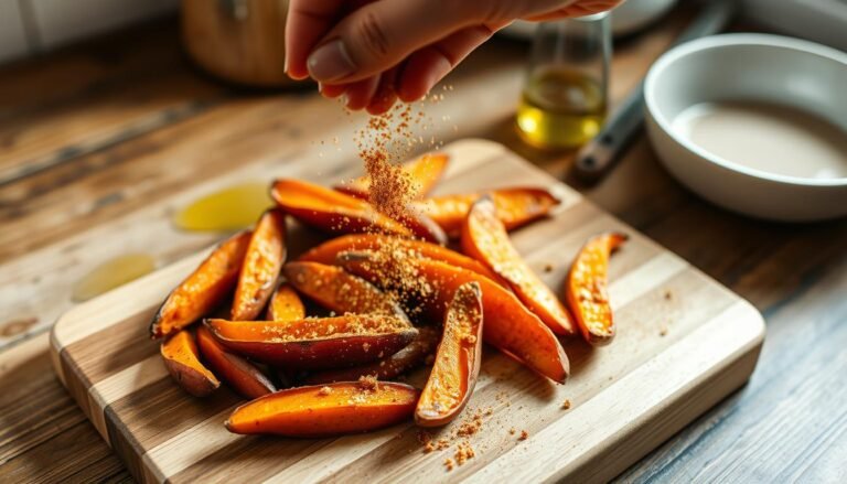 A rustic kitchen counter, softly lit from the side, holds a wooden cutting board. On it, freshly roasted sweet potato wedges await their seasoning. With a gentle hand, a cook sprinkles a blend of aromatic spices - cayenne, paprika, garlic powder - over the wedges, coating them evenly. The seasonings cling to the warm, crispy surface, creating a tempting visual contrast. In the background, a drizzle of olive oil glistens, ready to bind the flavors. The scene exudes a comforting, homemade atmosphere, inviting the viewer to imagine the delicious aroma and satisfying crunch of these perfectly seasoned roasted sweet potato wedges.
