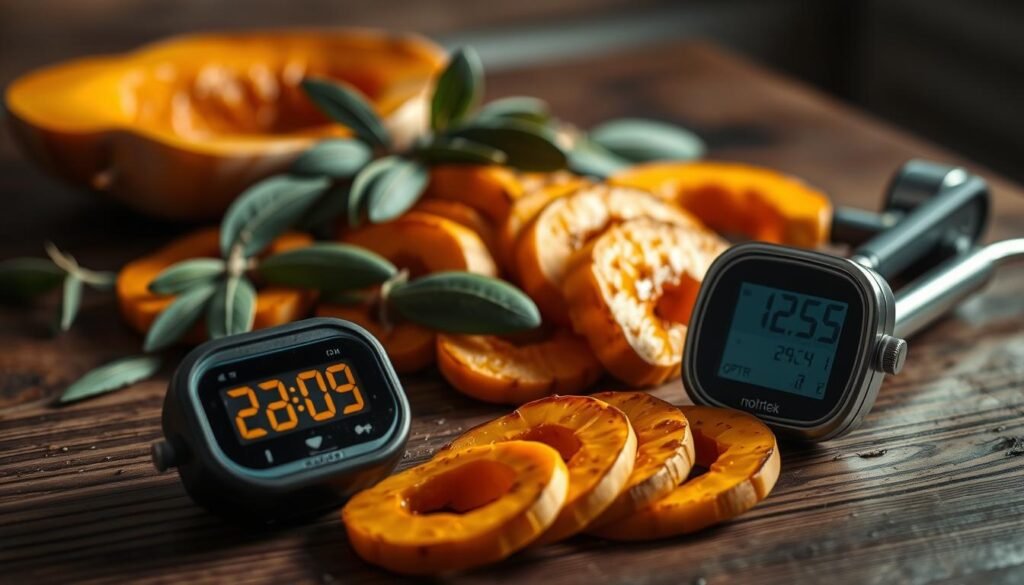 A rustic wooden table, the surface adorned with an arrangement of sliced butternut squash, fresh sage leaves, and a meat thermometer. The squash glistens under warm, directional lighting, casting soft shadows that accentuate the contours of the vegetable. In the foreground, a timer ticks down, its digital display reflecting the optimal roasting time for perfect caramelization. The background is softly blurred, focusing the viewer's attention on the delicate interplay of colors, textures, and temperatures that together create the perfect roasted butternut squash dish. A rustic wooden table, the surface adorned with an arrangement of sliced butternut squash, fresh sage leaves, and a meat thermometer. The squash glistens under warm, directional lighting, casting soft shadows that accentuate the contours of the vegetable. In the foreground, a timer ticks down, its digital display reflecting the optimal roasting time for perfect caramelization. The background is softly blurred, focusing the viewer's attention on the delicate interplay of colors, textures, and temperatures that together create the perfect roasted butternut squash dish.