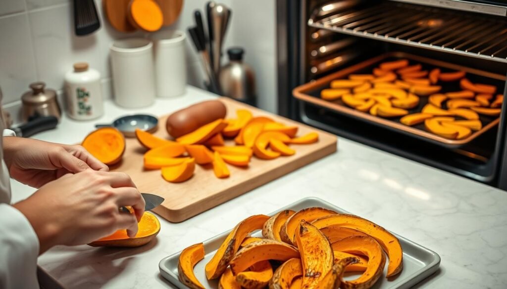 A well-lit kitchen countertop, with a cutting board and various sweet potato preparation tools arranged neatly. In the foreground, a chef's hands carefully peeling and slicing the sweet potatoes into even wedges, revealing the vibrant orange flesh. The middle ground showcases the wedges being tossed with olive oil and seasonings, while the background depicts the oven door open, revealing a tray of perfectly roasted sweet potato wedges, their surfaces lightly caramelized. The overall scene conveys a sense of culinary expertise, attention to detail, and the mouthwatering anticipation of the final dish.