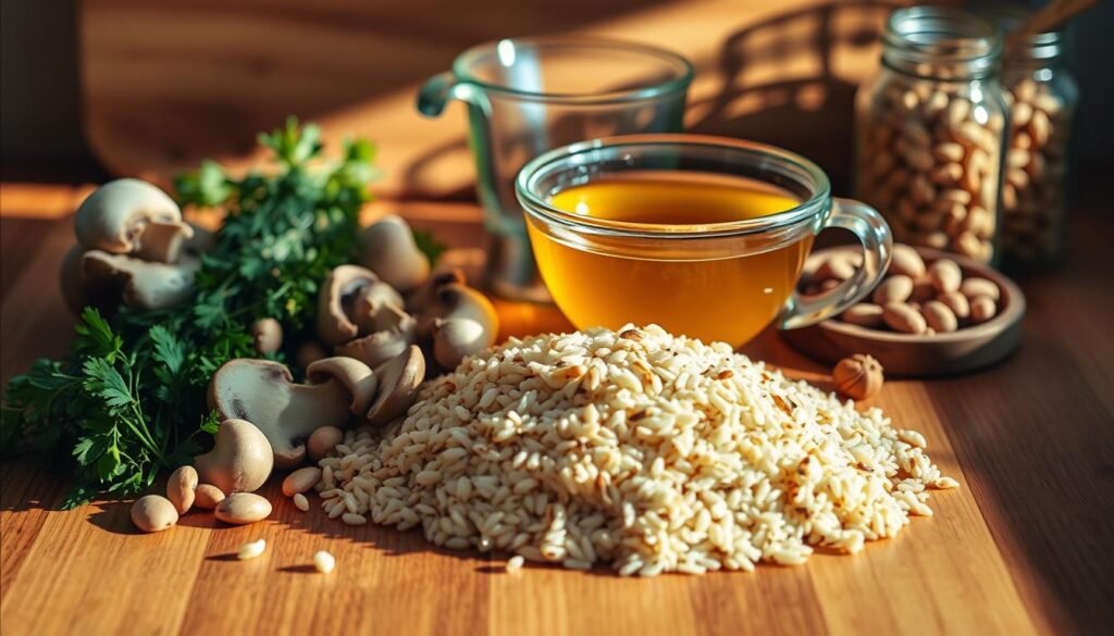 A wooden kitchen counter, illuminated by soft, natural lighting, is adorned with an arrangement of ingredients for a wild rice pilaf. In the foreground, a selection of wild rice grains, freshly chopped mushrooms, and fragrant herbs such as thyme and parsley. In the middle ground, a delicate glass bowl filled with vegetable broth, complemented by a stainless steel measuring cup and spoon. In the background, a rustic wooden cutting board and a glass jar of toasted pine nuts, casting subtle shadows that add depth and texture to the scene. The overall atmosphere is one of culinary preparation, inviting the viewer to imagine the savory aromas and flavors that will emerge from this harmonious blend of ingredients.