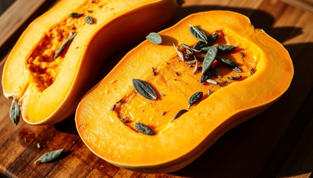 Detailed close-up shot of a butternut squash, freshly cut in half and ready for roasting. Vibrant orange flesh and creamy light green skin, sprinkled with a dusting of aromatic dried sage leaves. The squash is placed on a rustic wooden cutting board, bathed in warm, natural lighting that casts soft shadows across the surface. The composition highlights the squash's unique shape and invites the viewer to imagine the savory scent and satisfying texture of the roasted vegetable. The overall mood is one of anticipation and culinary inspiration. Detailed close-up shot of a butternut squash, freshly cut in half and ready for roasting. Vibrant orange flesh and creamy light green skin, sprinkled with a dusting of aromatic dried sage leaves. The squash is placed on a rustic wooden cutting board, bathed in warm, natural lighting that casts soft shadows across the surface. The composition highlights the squash's unique shape and invites the viewer to imagine the savory scent and satisfying texture of the roasted vegetable. The overall mood is one of anticipation and culinary inspiration.