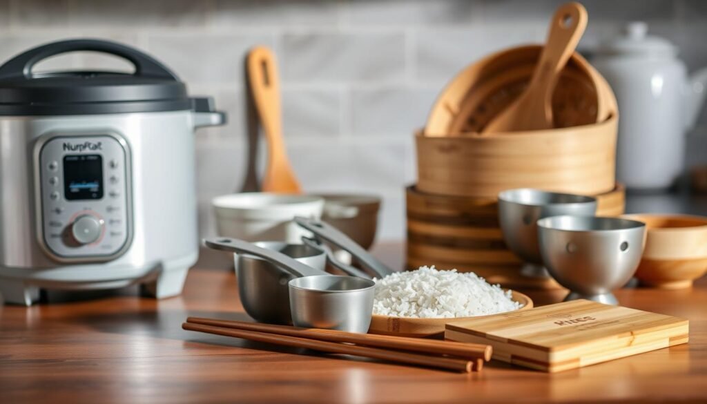 high-resolution photograph of a kitchen counter or table with various rice preparation tools arranged neatly, including a rice cooker, a bamboo steamer, a wooden rice paddle, a set of measuring cups, and a pair of chopsticks. The tools are well-lit, casting subtle shadows, and arranged in a visually appealing, symmetrical composition. The background is slightly blurred, emphasizing the focus on the tools. The overall mood is one of organization, simplicity, and culinary preparation.