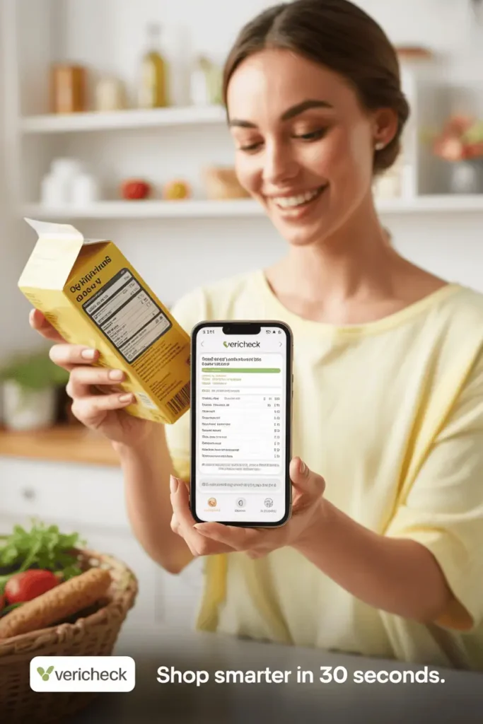 Woman holding a food package and scanning the nutrition facts with her phone in the grocery store.