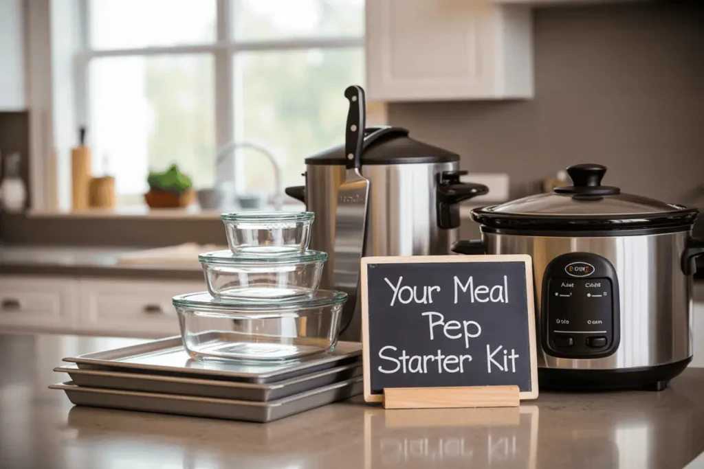 Flat lay of essential meal prep tools: glass storage containers, chef’s knife, sheet pans, rice cooker, slow cooker.