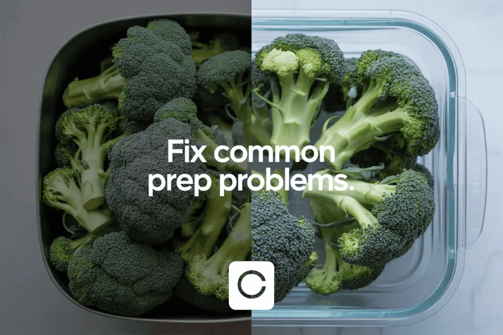 Side-by-side comparison of soggy broccoli versus crisp vegetables stored separately with paper towel.