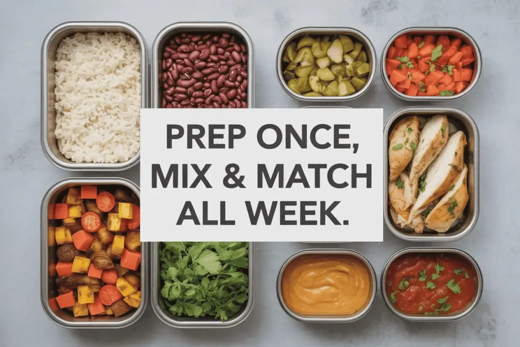 Meal prep containers with rice, beans, roasted vegetables, chicken, and sauces