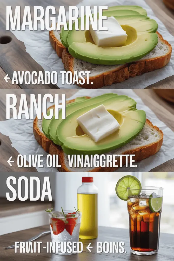 Grid showing avocado toast, olive oil vinaigrette, and fruit-infused water as healthier alternatives