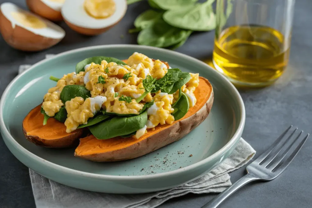 Scrambled eggs with spinach over sweet potato with olive oil drizzle.