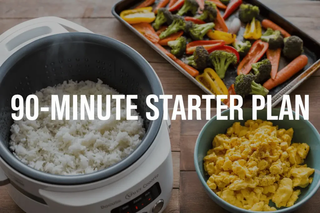 Step-by-step collage showing rice cooker, sheet pan vegetables, boiled eggs, and chopped raw vegetables