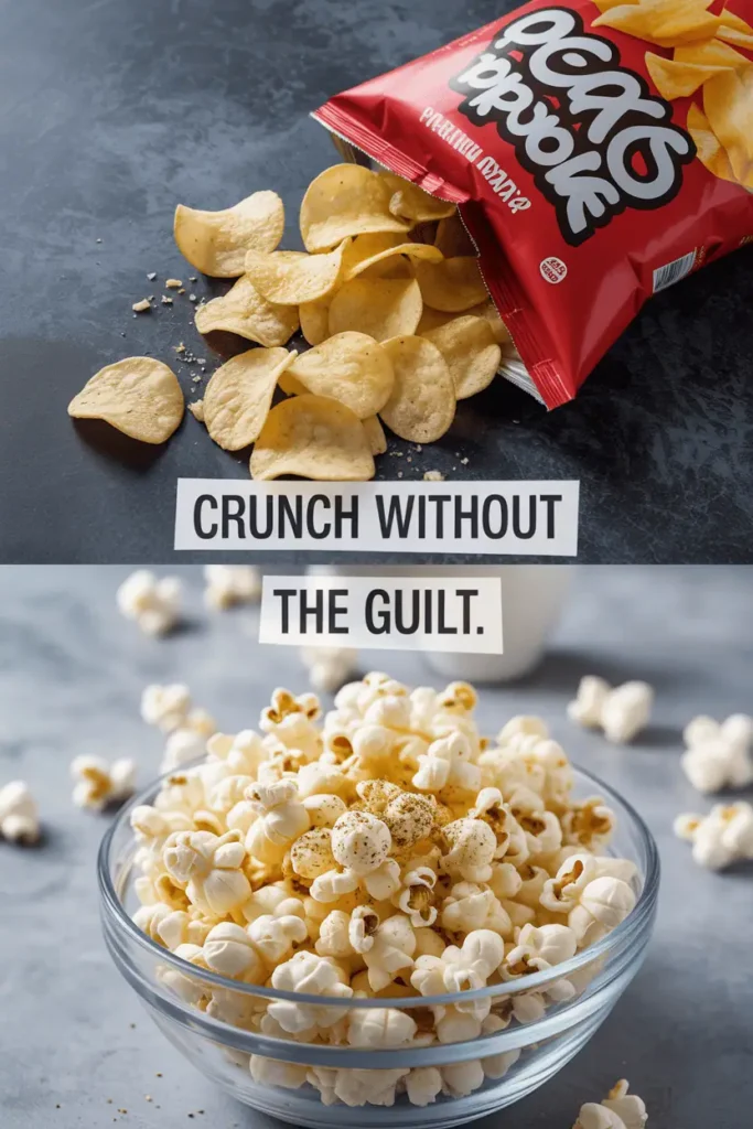 Bag of potato chips compared to a bowl of air-popped popcorn with seasoning."