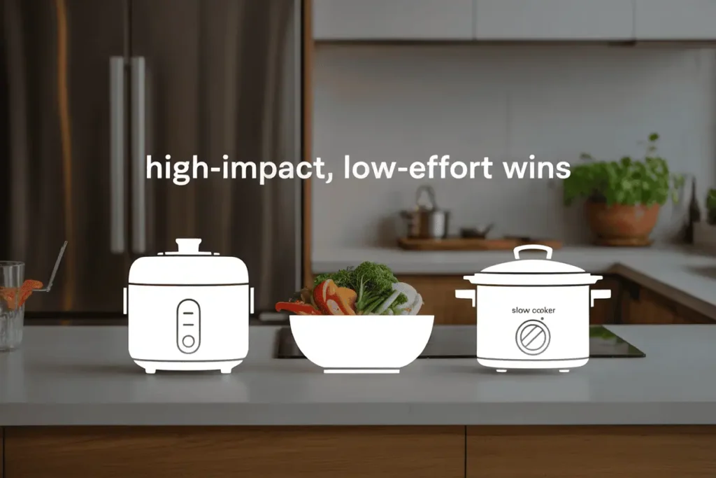 Icons of rice cooker, pre-chopped vegetables, and slow cooker with text showing time saved each week.