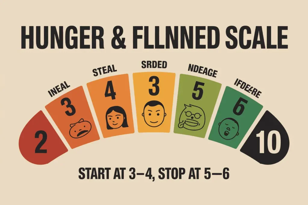 Infographic hunger and fullness scale from 1 to 10 with recommended eating range.