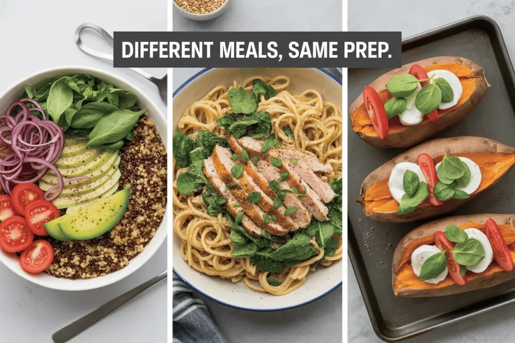 Three different meals created from the same prepped ingredients: quinoa bowl, pasta with turkey, stuffed sweet potato.