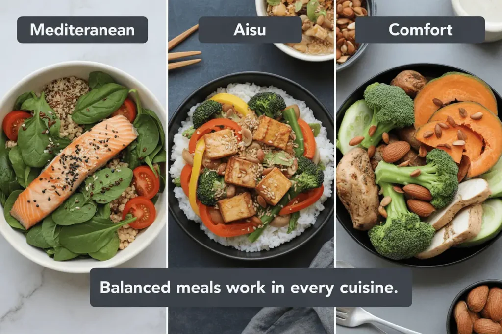 Three balanced meals from Mediterranean, Asian, and American cuisines.