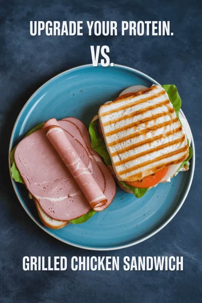 Deli meat sandwich compared to grilled chicken sandwich on whole grain bread."