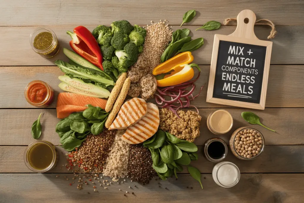 Flat lay of proteins, grains, vegetables, and sauces prepped for flexible meal combinations.