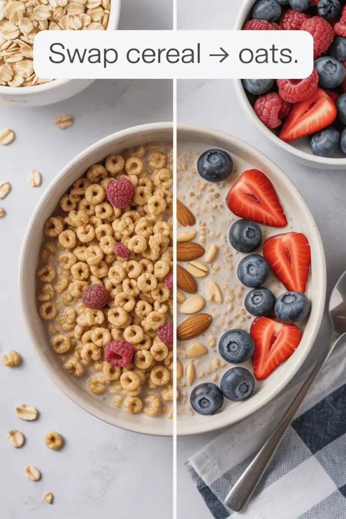 Sugary cereal bowl compared to steel-cut oats topped with berries and nuts