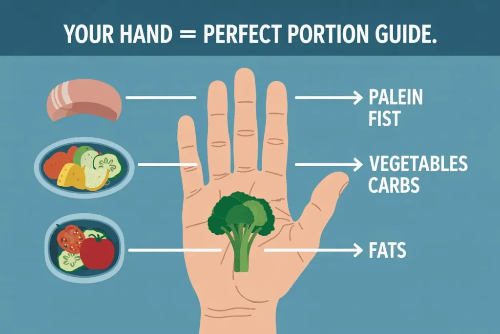 Illustration of a hand showing palm for protein, fist for vegetables, cupped hand for carbs, and thumb for fats