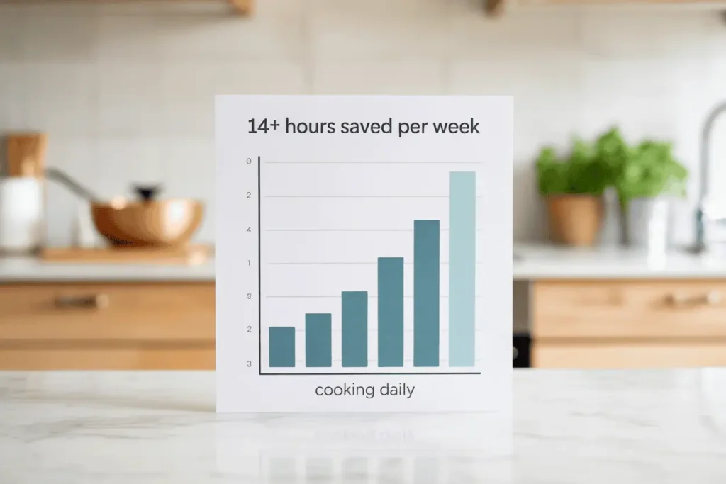 Infographic comparing weekly time saved by component cooking, batch prep, and hybrid meal prep.