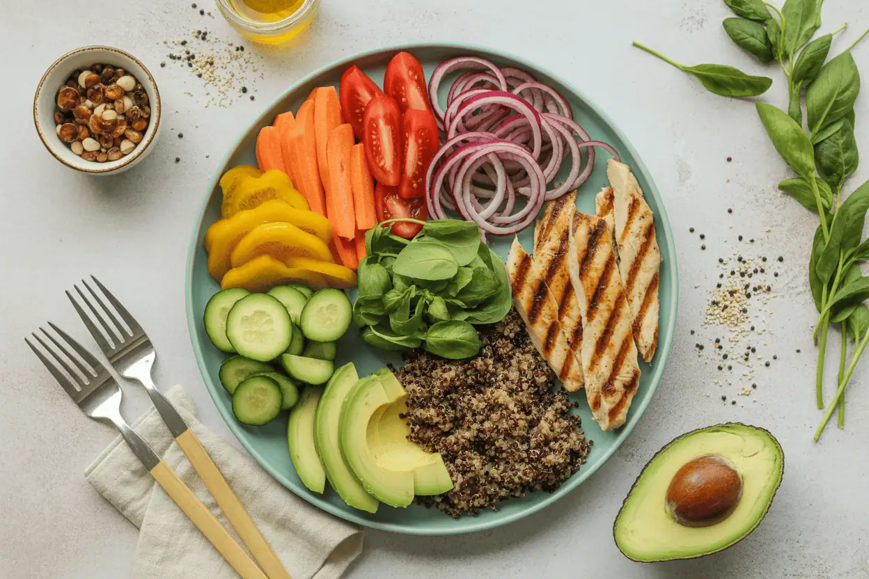 Overhead shot of a balanced plate with vegetables, protein, grains, and avocado.