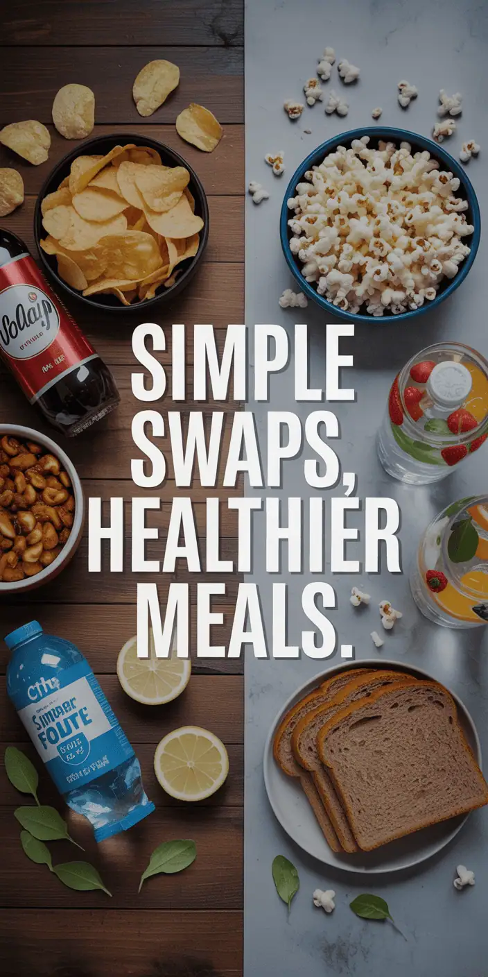 Comparison of unhealthy foods like chips and soda with healthier swaps like popcorn, sparkling water, and whole grain bread.