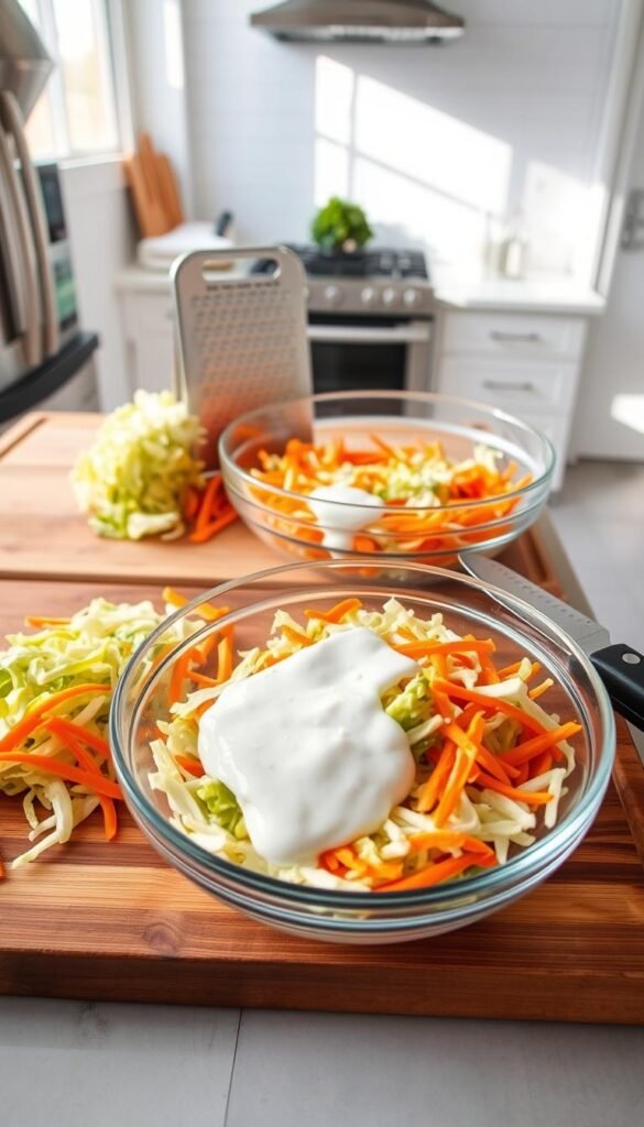 A bright, well-lit kitchen countertop with a wooden cutting board, featuring a step-by-step assembly of a colorful coleslaw. In the foreground, fresh green cabbage and crisp orange carrots are being shredded with a sharp grater. In the middle ground, the shredded ingredients are being combined in a large glass bowl, with a creamy white dressing being drizzled over the top. In the background, a clean, minimalist kitchen setting with stainless steel appliances and natural light streaming in from a window, creating a clean, elegant atmosphere. The entire scene conveys a sense of culinary precision and attention to detail, perfectly illustrating the step-by-step assembly process for a delicious cabbage and carrot coleslaw.