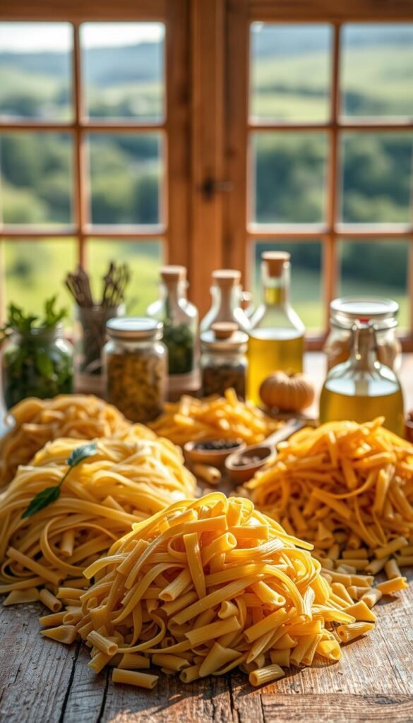 A selection of gourmet pasta varieties arranged on a rustic wooden table, illuminated by warm, natural lighting. In the foreground, piles of linguine, farfalle, and penne in various colors and textures. In the middle ground, glass jars filled with dried herbs, spices, and olive oil. In the background, an open window overlooking a lush, green landscape, creating a serene, countryside atmosphere. The overall composition conveys a sense of culinary abundance and artisanal craftsmanship, perfect for illustrating the essential ingredients for a delicious pasta dish.