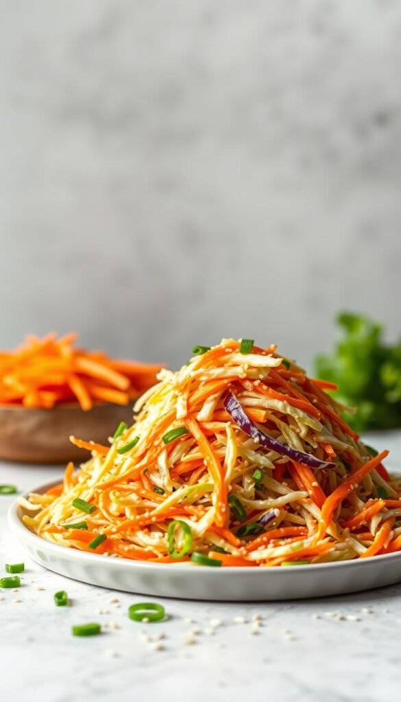 A visually striking and appetizing Asian-inspired coleslaw dish set against a soft, natural backdrop. In the foreground, an artfully arranged mound of shredded cabbage and carrots, lightly coated in a creamy, tangy dressing infused with hints of sesame, ginger, and rice vinegar. The colors are vibrant and inviting, with the deep greens of the cabbage and the bright orange of the carrots creating a striking contrast. In the middle ground, a scattering of toasted sesame seeds and thinly sliced green onions add texture and depth. The background features a simple, neutral-toned surface, allowing the coleslaw to take center stage. Soft, diffused lighting gently illuminates the scene, creating a warm and appetizing atmosphere. The overall composition is clean, balanced, and visually appealing, showcasing the flavors and textures of this delightful Asian-inspired coleslaw.